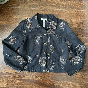 Deane & White Black Linen Jacket/Blazer- Gold/Bronze Embroidery-MED